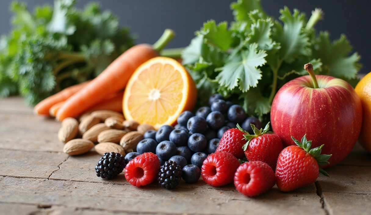 Wysokiej jakości, żywy obraz świeżej, zdrowej żywności, takiej jak owoce (jagody, jabłka, pomarańcze), warzywa (szpinak, brokuły, marchew) i orzechy (migdały, orzechy włoskie), estetycznie ułożonej na drewnianym stole. Tło jest delikatnie rozmyte, aby skupić uwagę na jedzeniu. Obraz jest nowoczesny, czysty i zachęcający, bez tekstu i symboli.